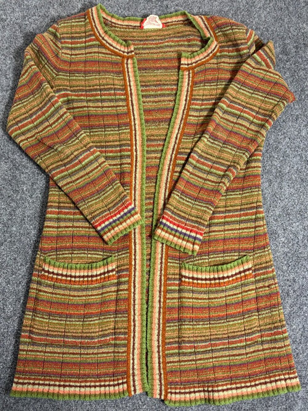Women's Wool 1970’s Striped Open Front Cardigan Sweater S Long Sleeve Pockets